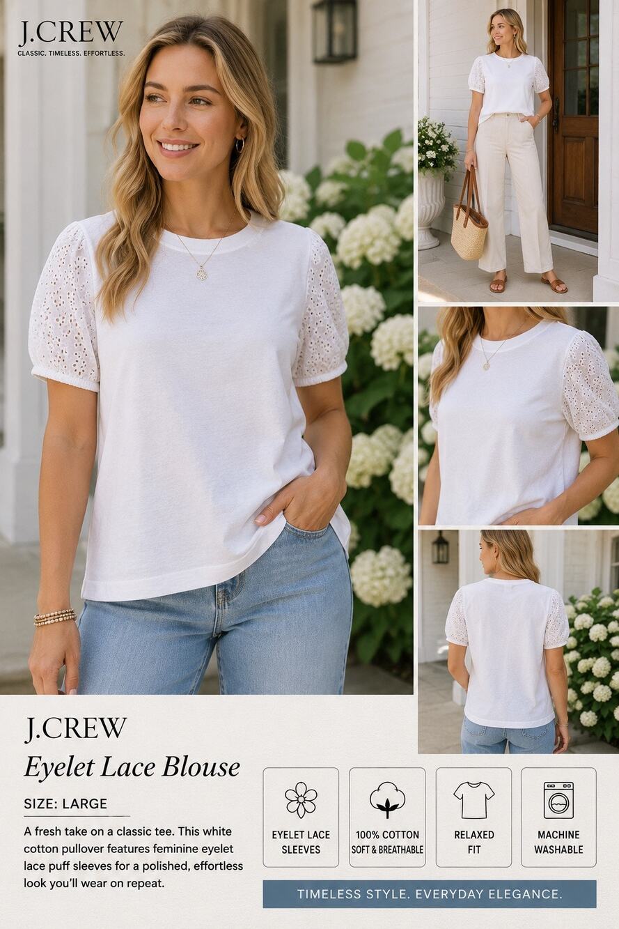 J. Crew Eyelet Lace Blouse White Short Sleeve Cottton Pullover Casual Large New
